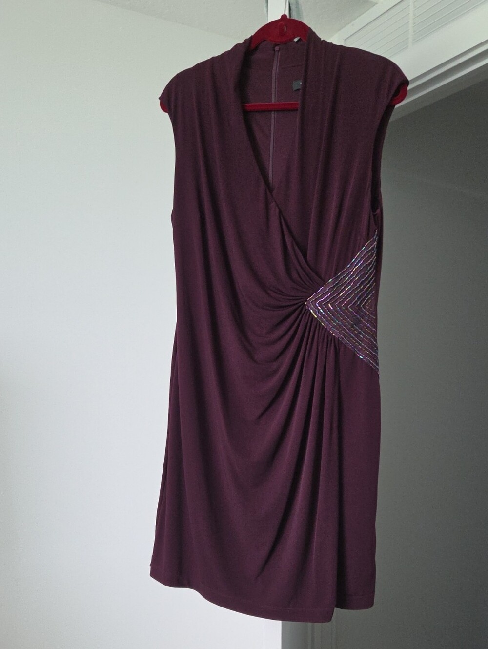 Ellen Tracy Sleeveless Plum Draped Dress with Beaded Side Accent